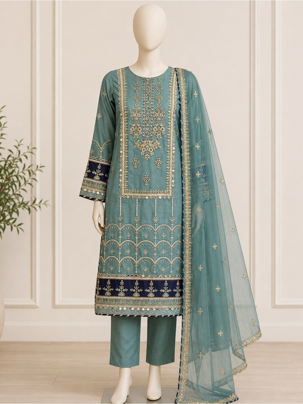 Embroidered Seafoam Green Women's Dress with Dupatta panjabi (3 set)